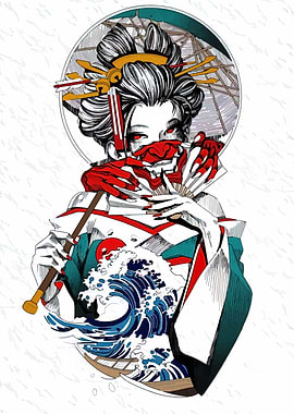 Geisha with Oni Mask and Waves