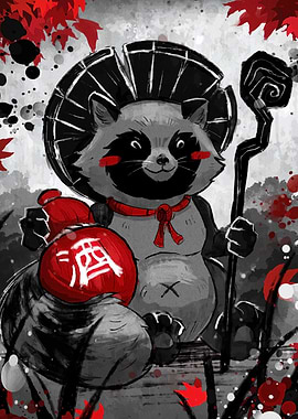 Tanuki with Sake and Staff