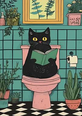 Black Cat Reading on Toilet
