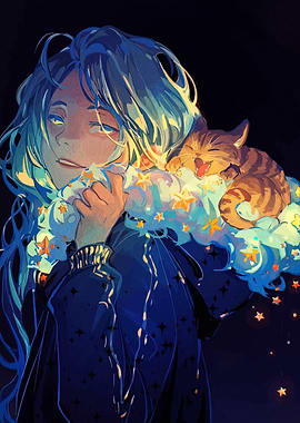 Dreamy Boy with Cat and Stars
