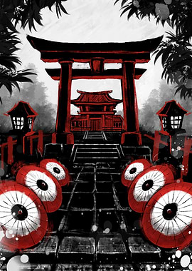 Japanese Temple with Umbrellas