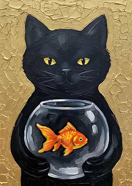 Black Cat with Goldfish Painting
