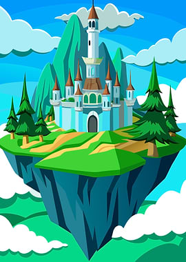 Stylized Fantastical Floating Island Castle Digital Illustration Metal Wall Print Art