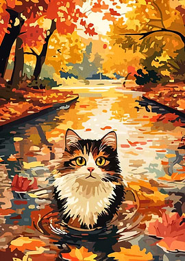 Cat in Autumn Leaves Water Painting