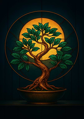 Bonsai Tree Stained Glass Style Art