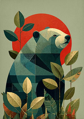 Geometric Bear with Red Sun