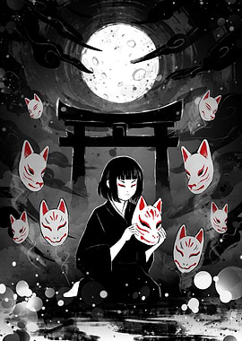 Girl with Kitsune Mask under Moon