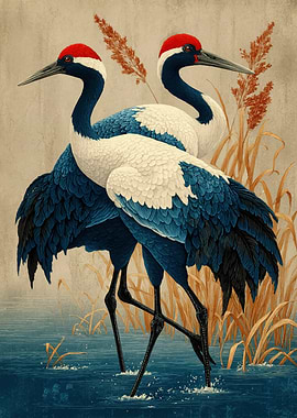 Twin Red-Crowned Cranes in the Marsh