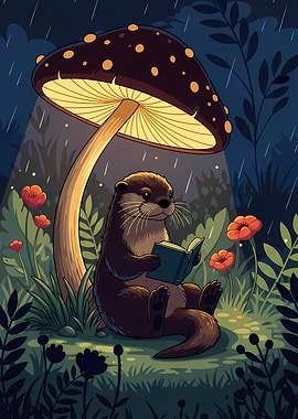 Otter Reading Under Mushroom in Rain