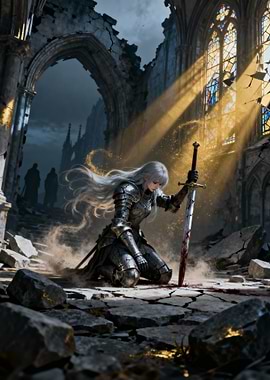 Female Knight in Ruined Cathedral