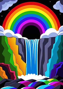 Epic Rainbow Grotto Waterfall Illustration with Vibrant Night Sky Metal Wall Print Art