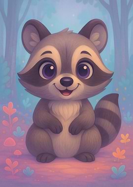 Cute Raccoon in Forest Illustration