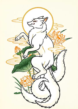 Nine-tailed Fox with Lotus Flowers
