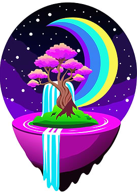 Mesmerizing Cosmic Bonsai Island Floating in Space Metal Wall Print Art