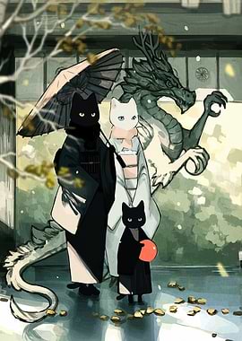 Cat Family in Kimonos with Dragon