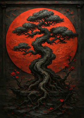 Bonsai Tree with Red Moon Backdrop