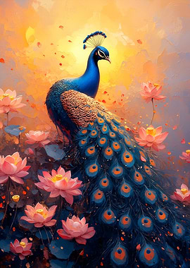 Peacock and Lotus Flowers Art