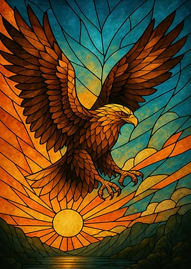 Stained Glass Eagle Soaring at Sunset