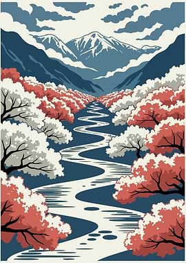 Japanese Mountain River Landscape with Cherry Blossoms