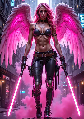 Cyberpunk Guardian Angel with Pink Wings