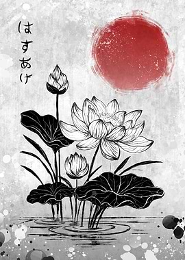 Lotus Flower Ink Painting with Red Sun