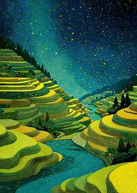 Terraced Fields Under Starry Night