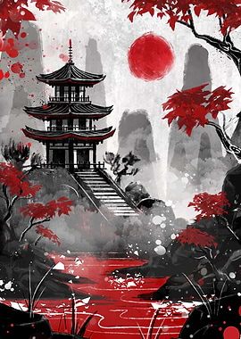 Japanese Pagoda with Red Sun
