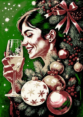 Festive Woman with Wine and Ornaments