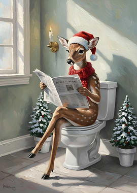 Christmas Deer Reading Newspaper on Toilet