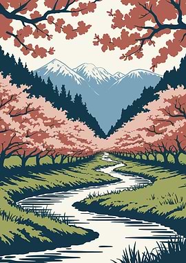 Cherry Blossom River Landscape Illustration