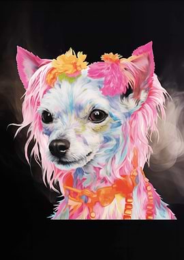 Colorful Dog Portrait with Floral Accents