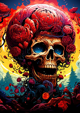 Floral Skull with Blue Eyes