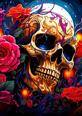 Skull and Roses Colorful Illustration