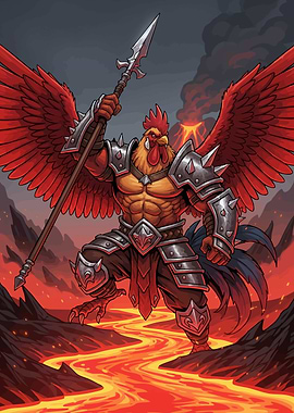 Armored Rooster Warrior Volcanic Landscape