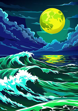 Emerald Moonlit Ocean Waves Digital Art Metal Wall Print Art