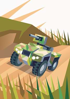 Camouflaged Military Vehicle in Landscape