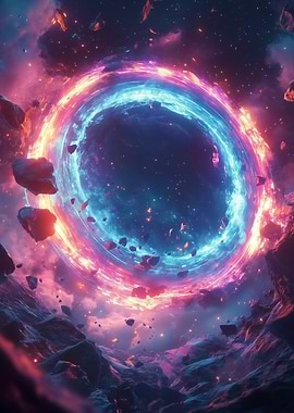 Neon Cosmic Portal with Asteroids