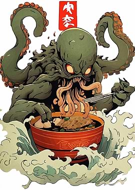 Cthulhu eating ramen illustration
