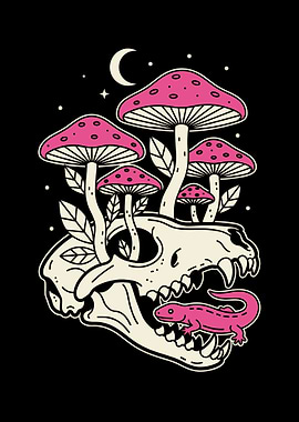 Skull, Mushrooms, and Lizard Illustration