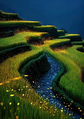 Terraced Rice Fields with Fireflies