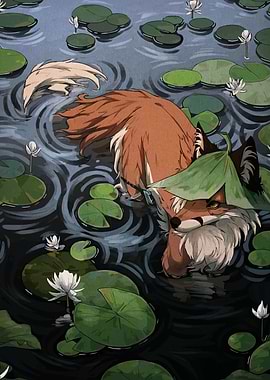 Fox in Lily Pond Illustration