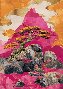 apanese Landscape with Tree and Mountains Kintsugi Art