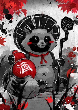 Tanuki Illustration with Sake Bottle