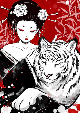 Geisha with White Tiger Illustration