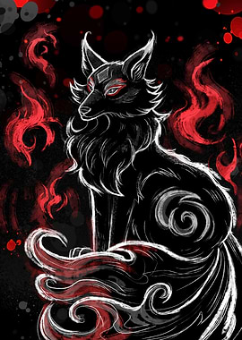 Black and White Fox with Red Flames