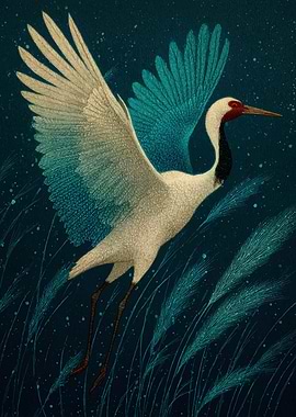 Starlit Rise of the Red-Crowned Crane
