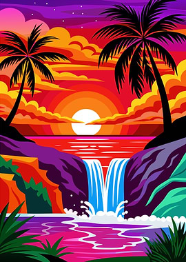 Vibrant Tropical Firefall Sunset Illustration Metal Wall Print Art