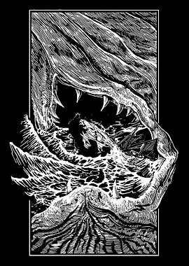 Monochrome Sea Monster Attack Illustration