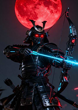 Cyberpunk Samurai Archer with Red Moon