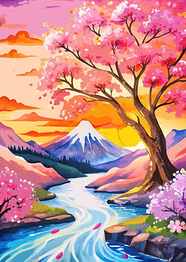 Cherry Blossom Landscape with Mountain View Metal Wall Print Art